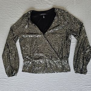 White house black market Long Sleeve Sequin Surplice Top size small silver